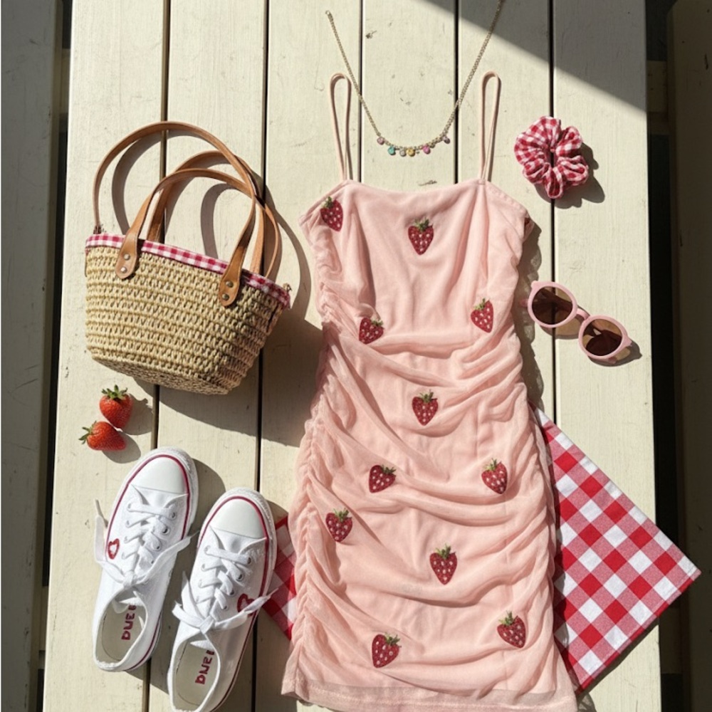 🍓 Rue21 Adorable Strawberry Print Ruched Bodycon Mini Dress 🍓